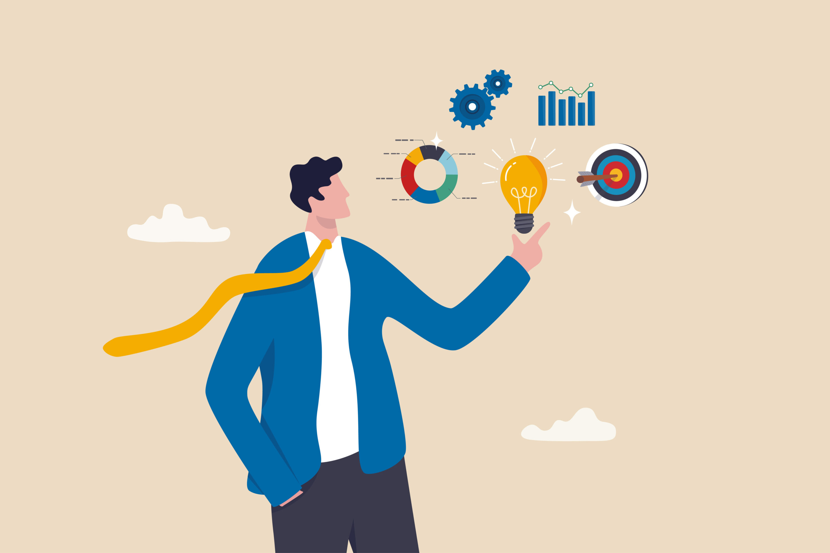 Business intelligence, data analysis for insight making business decision for success, information or report for management concept, businessman hold smart lightbulb with business intelligence data.