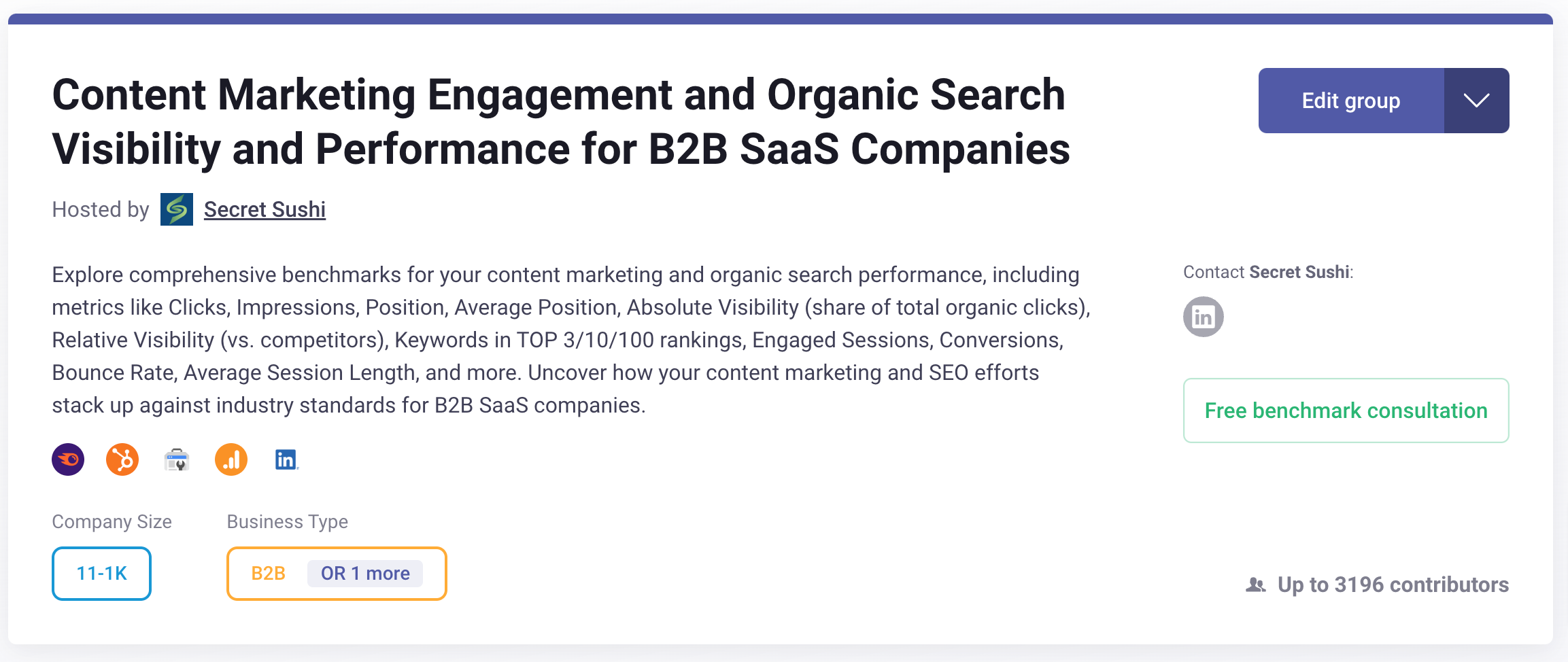 Screenshot of details about joining a benchmark group for Content Marketing Engagement and Organic Search Visibility and Performance for B2B SaaS Companies